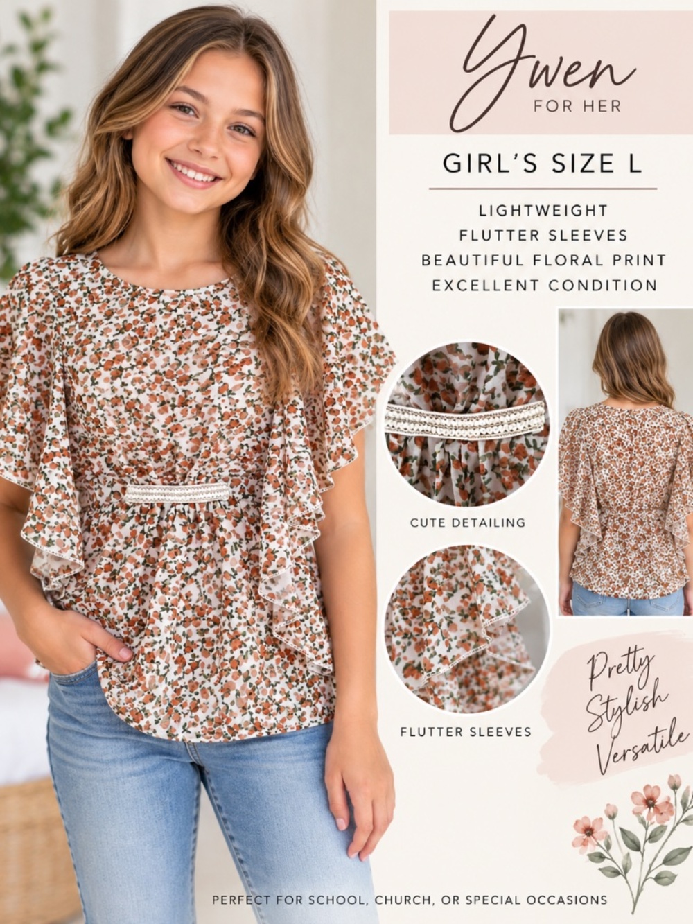 Girls Size L Floral Flutter Sleeve Blouse Boho Peplum Top